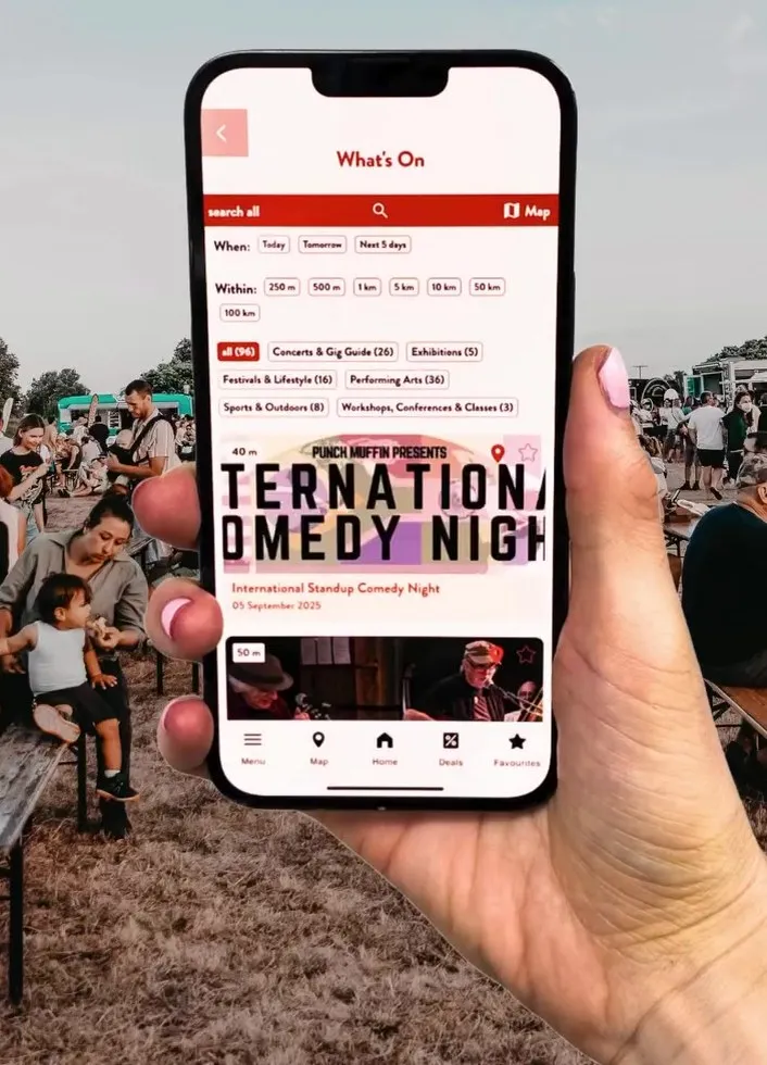 What's On screen with event filters and a comedy night listing, held at an outdoor event