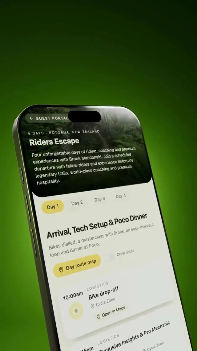 Itinerary screen: Riders Escape, Day 1 Arrival, Tech Setup and Poco Dinner