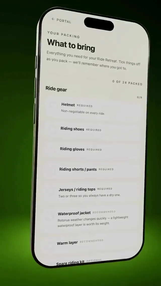 Packing list screen: What to bring, 0 of 24 packed