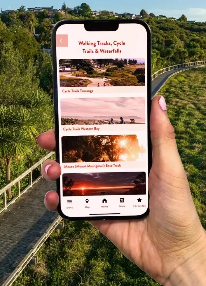 Walking Tracks, Cycle Trails and Waterfalls screen, held above a boardwalk