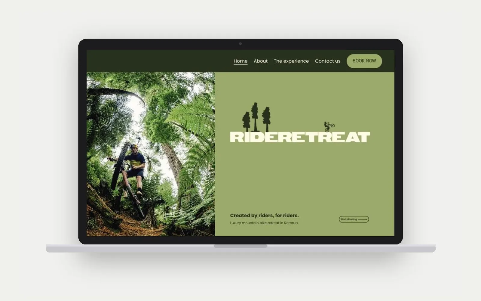 Ride Retreat homepage on a laptop: forest riding photo beside the wordmark on moss green