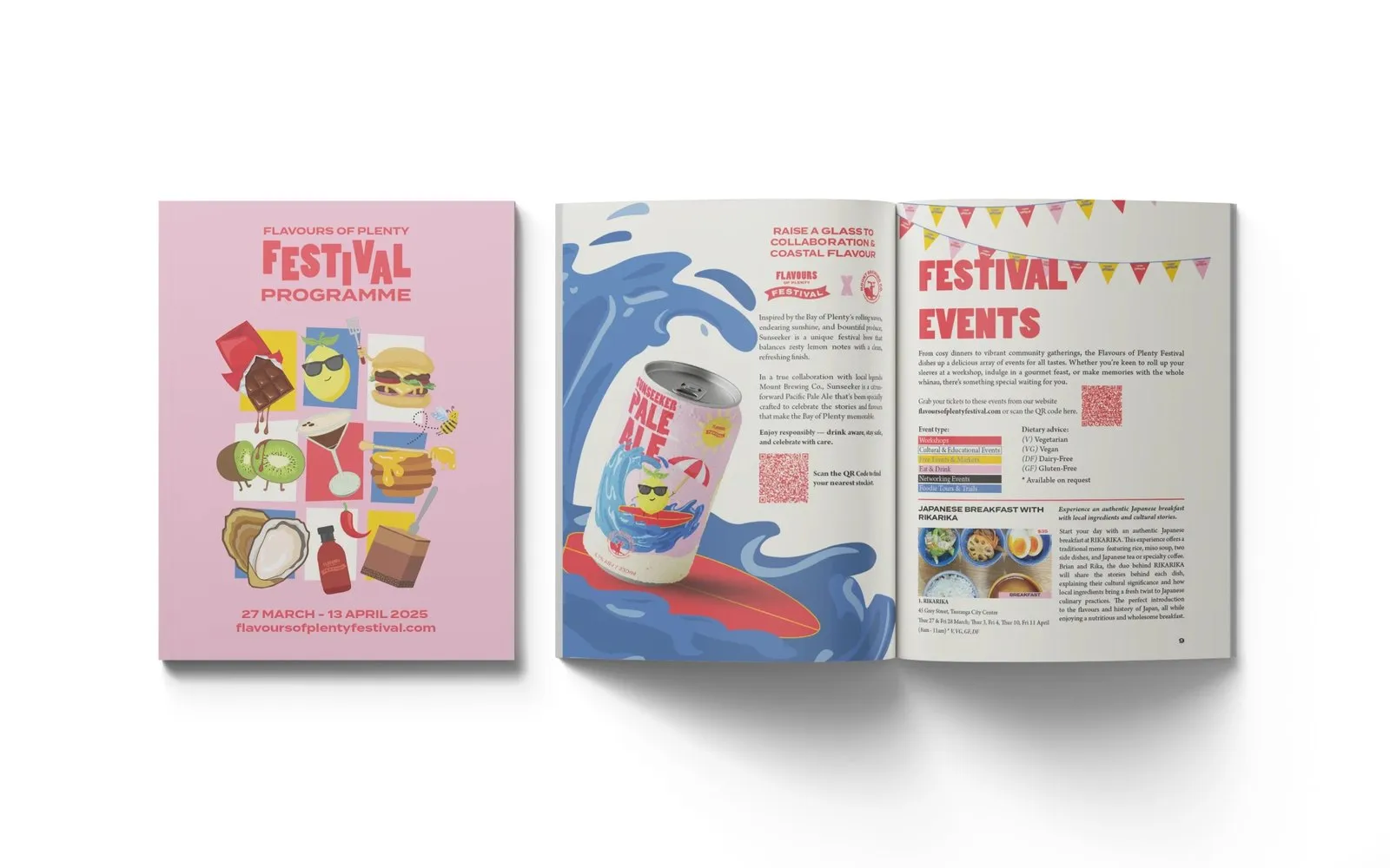 The Flavours of Plenty 2025 festival programme cover and an open spread, with illustrated food characters on pink.