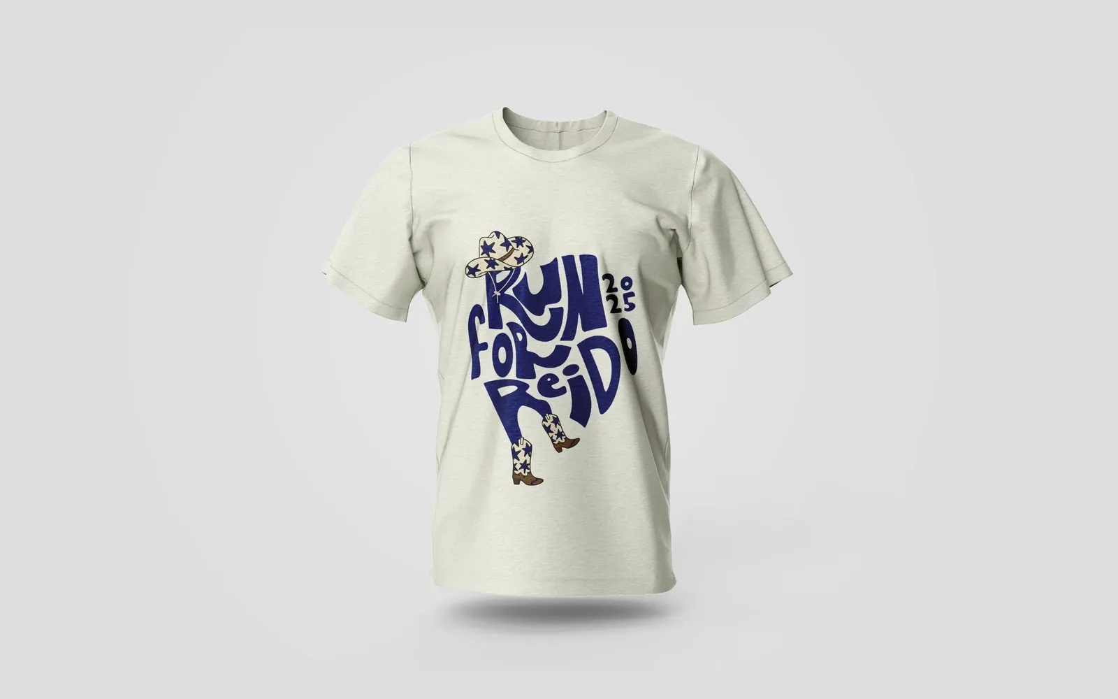 The Run for Reido 2025 illustrated wordmark in navy on a cream tee, with a starry cowboy hat and boots.