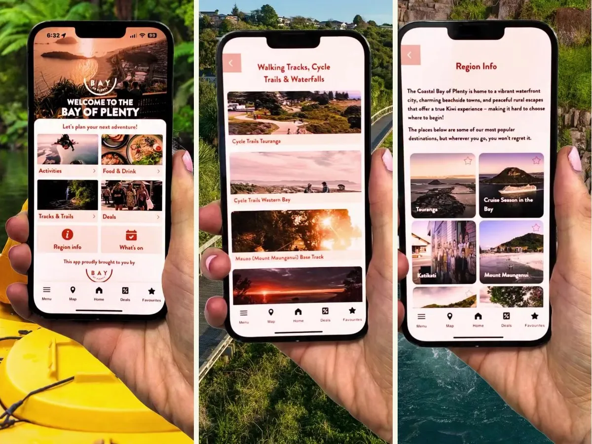 The Explore Bay of Plenty app on three phones: the welcome screen over a river, walking and cycle trails, and region info by a waterfall