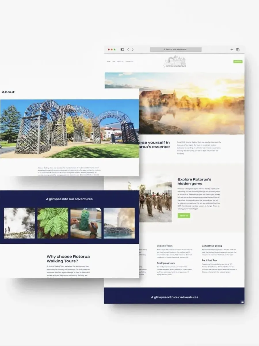 Rotorua Walking Tours web pages, shown as a stack of screens