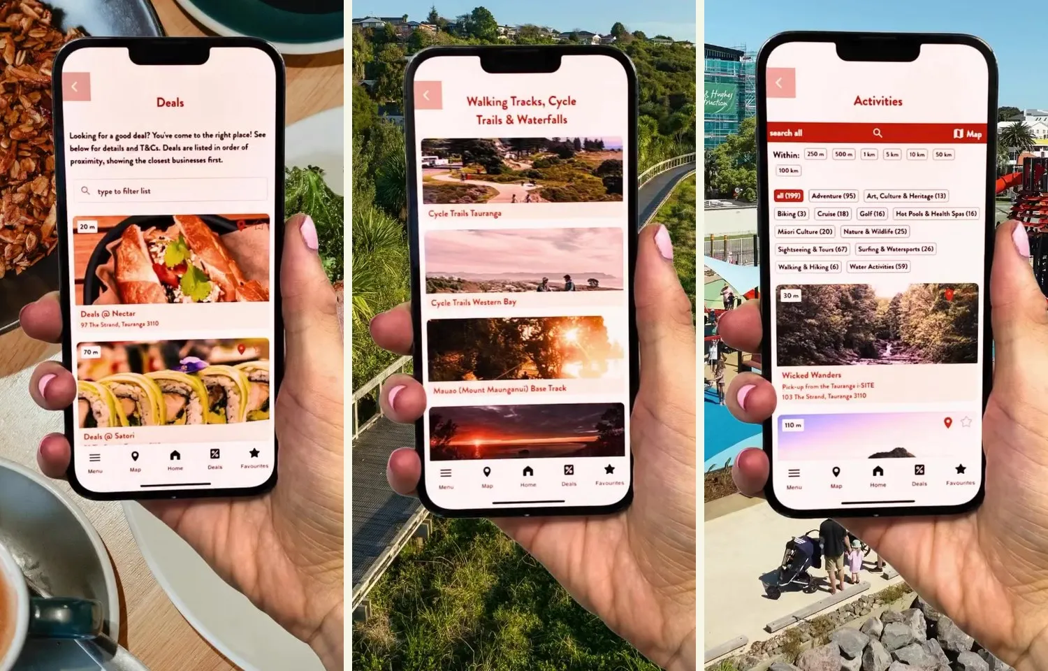 The Explore Bay of Plenty app on three phones: local deals, walking and cycle trails, and activities