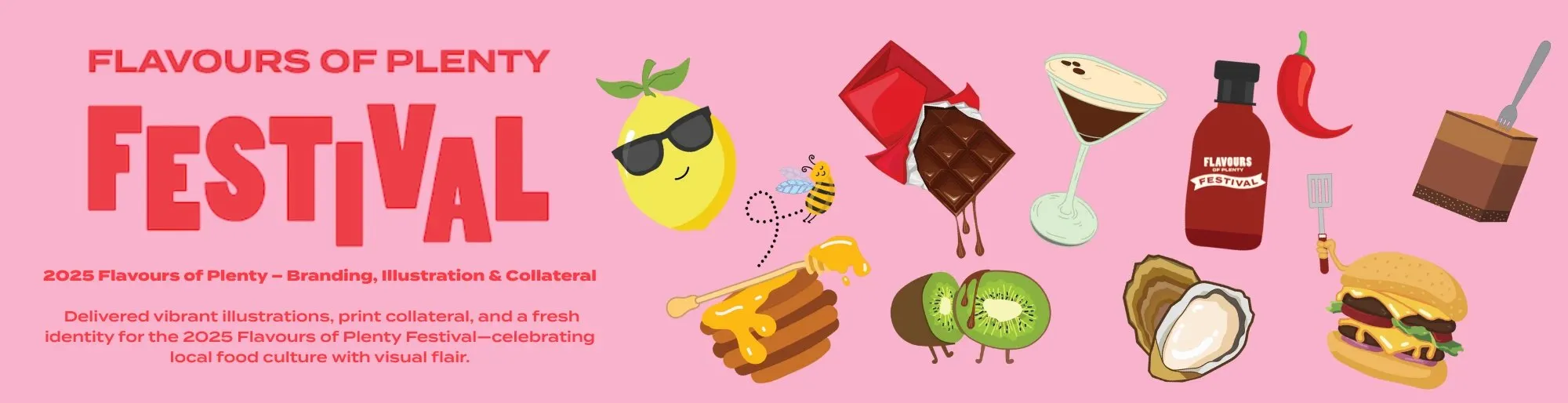 Festival banner: the Flavours of Plenty Festival wordmark beside illustrated food characters on pink.