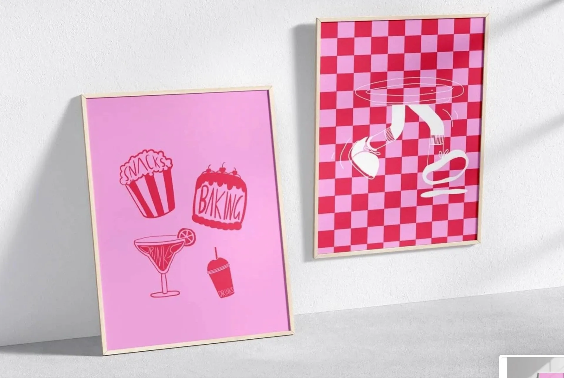 Two framed Empty Plate Club prints: snacks, baking and drinks illustrations, and the walking plate on a red and pink checkerboard.