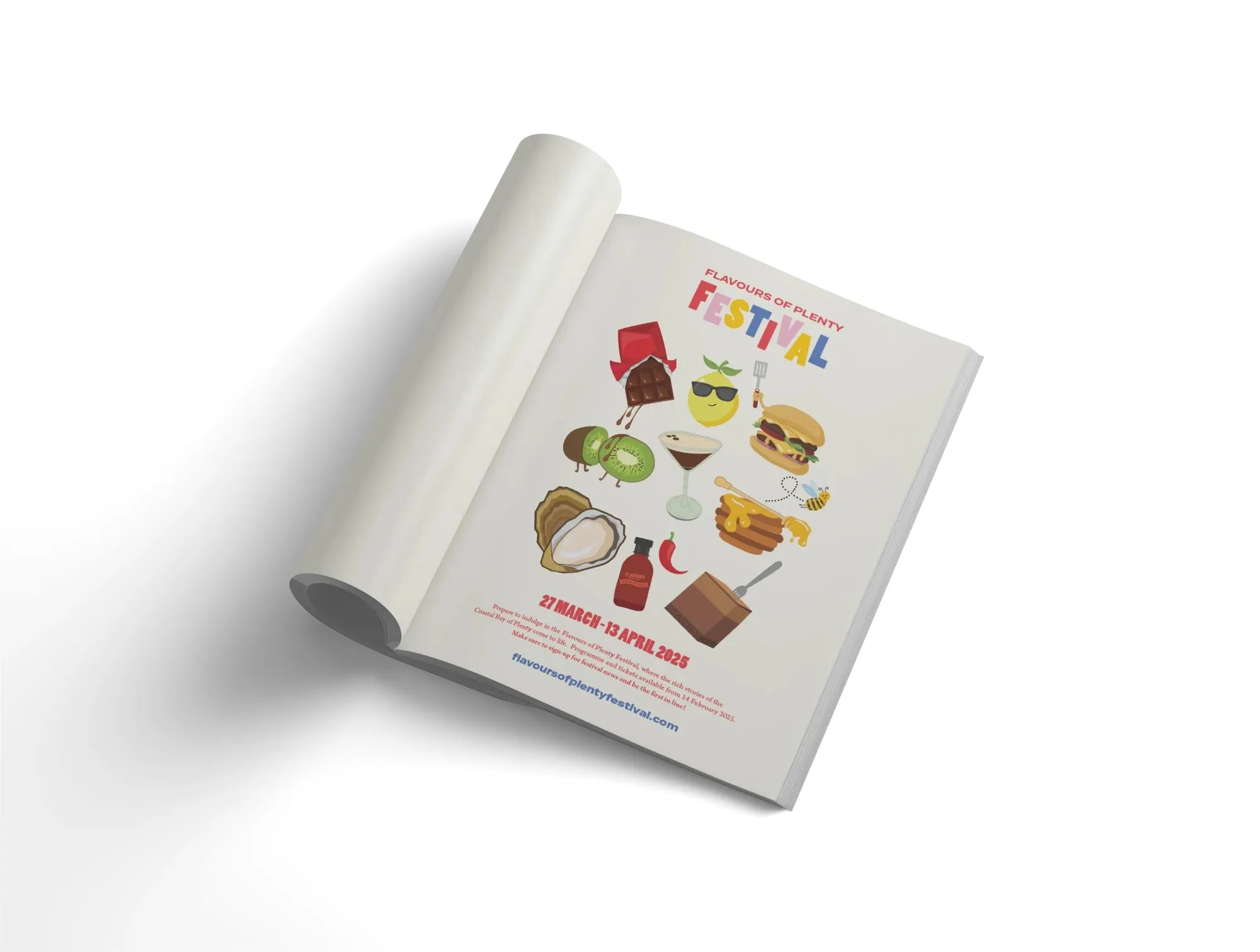 Festival magazine advertisement with the illustrated food characters and festival dates.