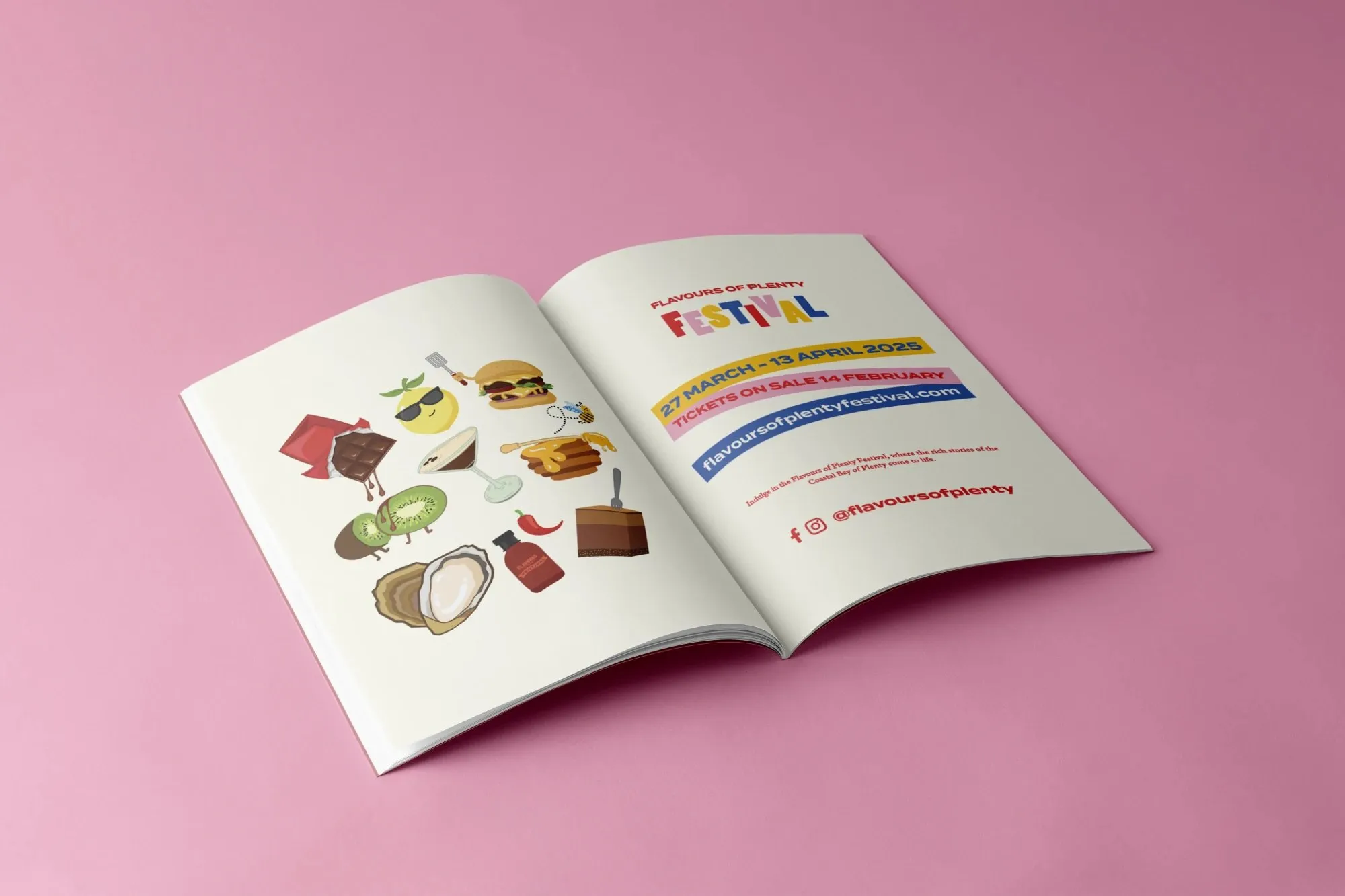 Open magazine spread: illustrations on one page, dates, tickets and web address on the other.