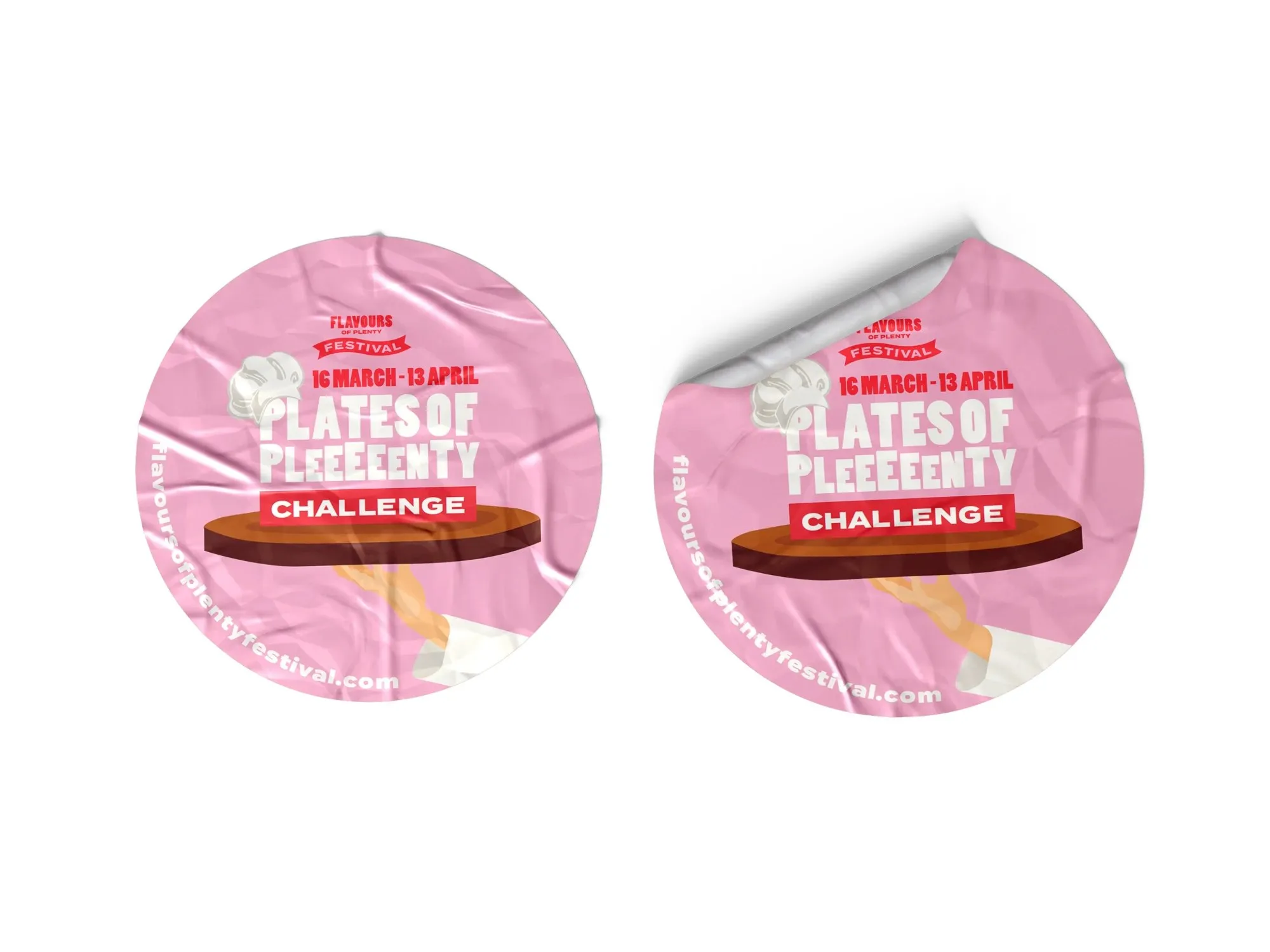 Two round stickers for the Plates of Pleeeenty Challenge.