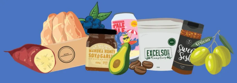 Illustration of local products, including the Sunseeker Pale Ale can, on blue.