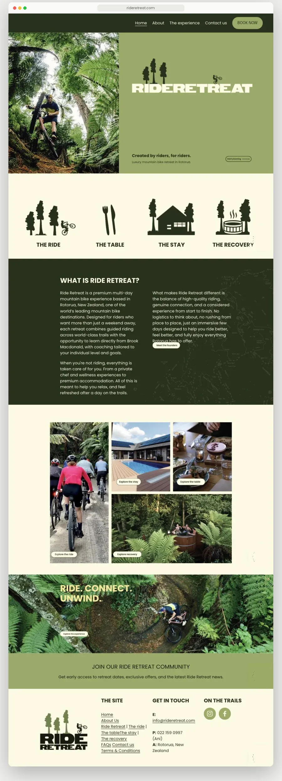 Full-length Ride Retreat homepage: hero, pillar icons, about, experience photos, Ride. Connect. Unwind. banner, newsletter and footer