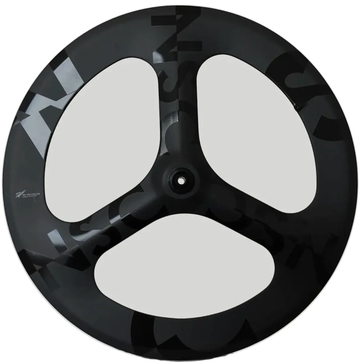 Negative Split Carbon tri-spoke wheel with tonal typographic graphics, spinning