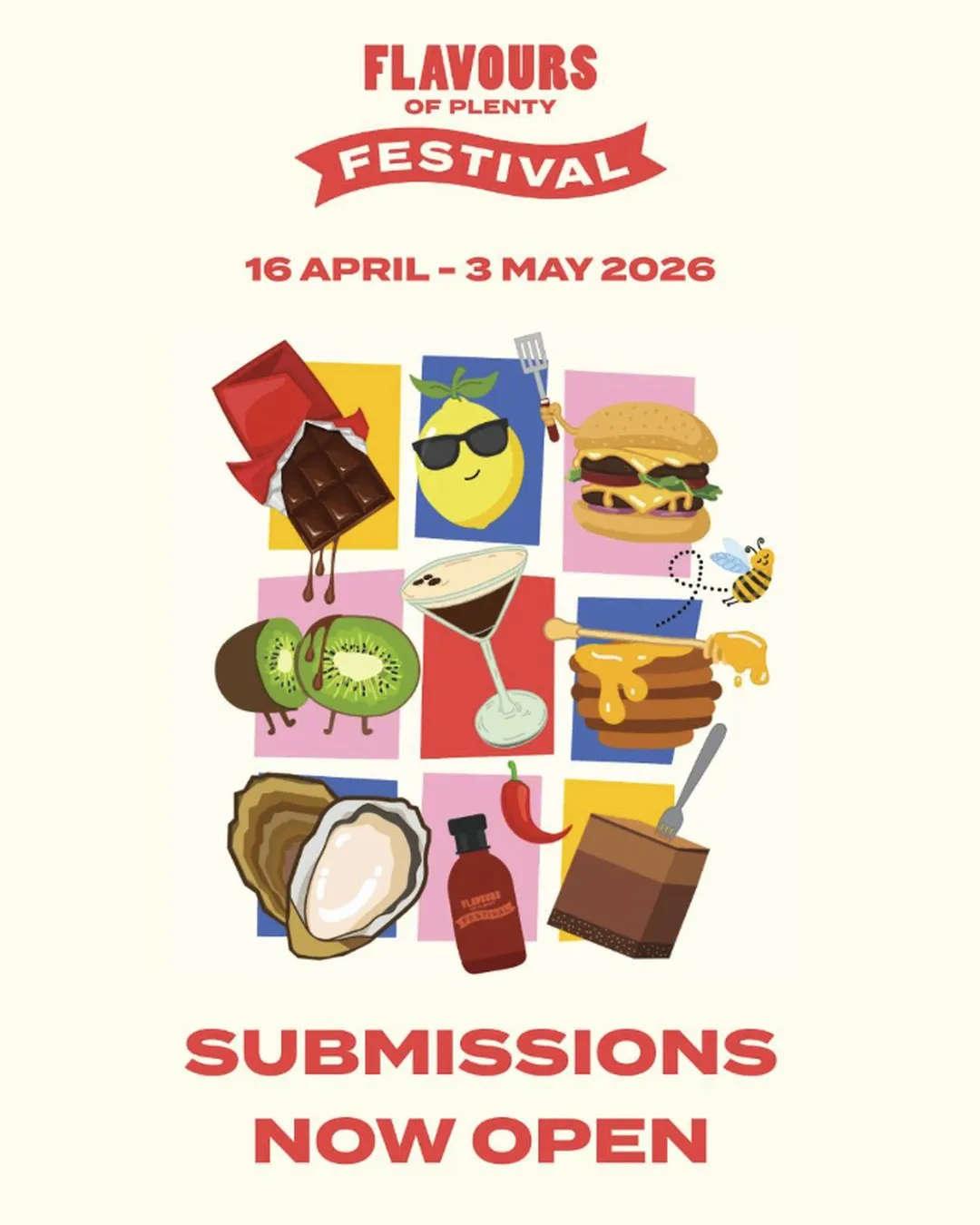 Flavours of Plenty Festival post: illustrated food tiles, 16 April to 3 May 2026, “Submissions now open”
