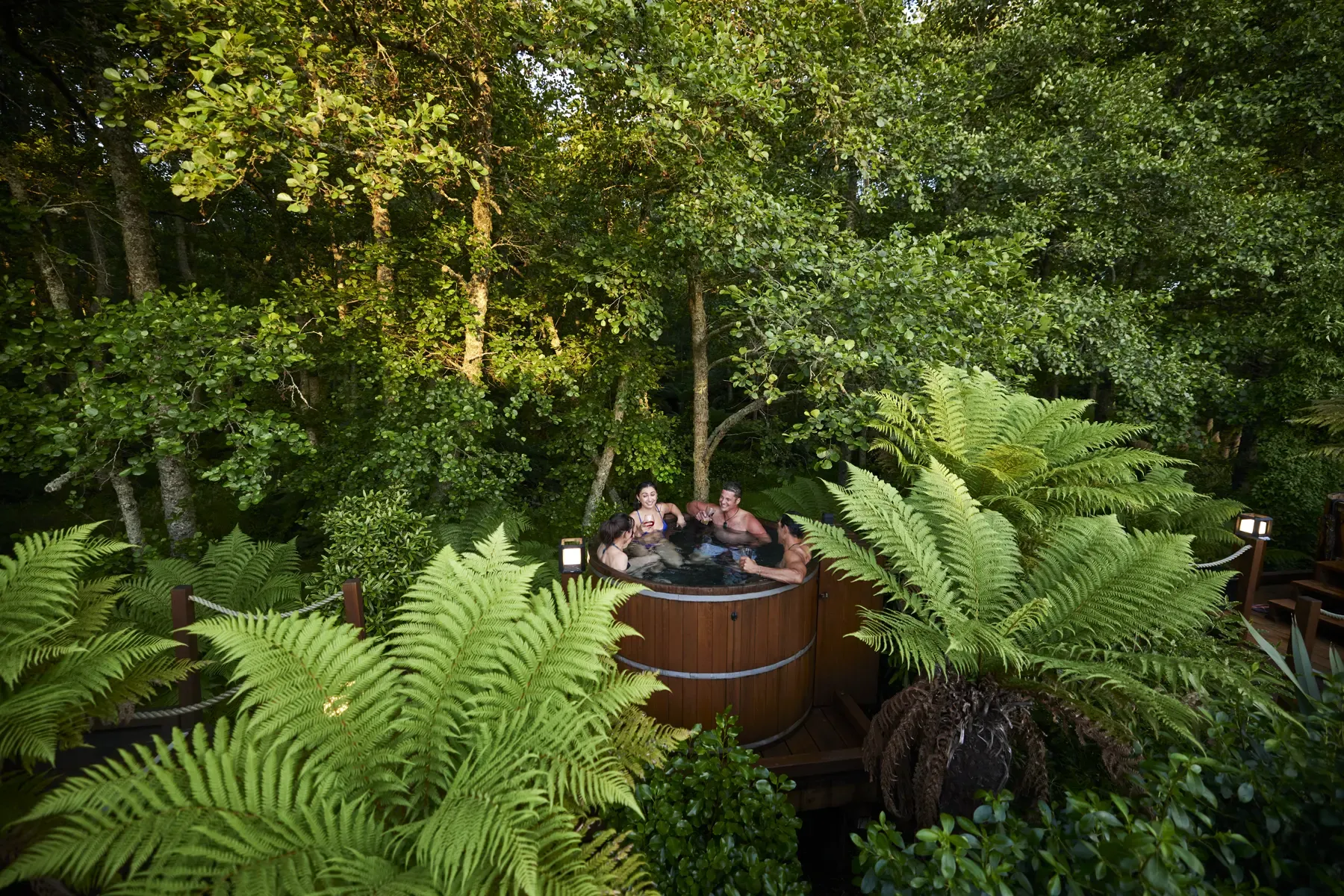 Guests soaking in a cedar hot tub surrounded by ferns and native bush