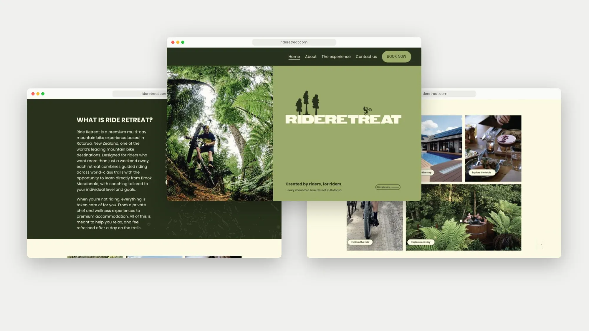 Three Ride Retreat web pages: what is Ride Retreat, the homepage hero, and the experience photo grid
